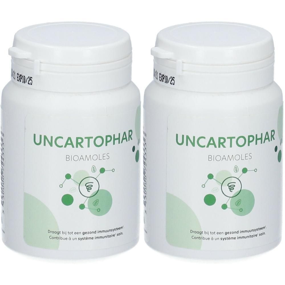 Twee witte potjes met Uncartophar Bioamoles. Etiket met informatie over immuunondersteuning.