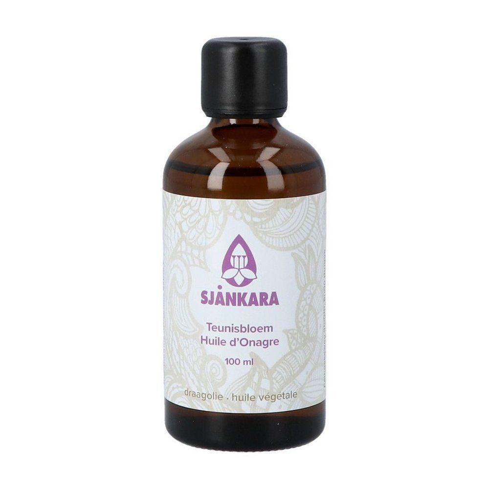 Un flacon d'huile végétale bio d'onagre Sjankara, 100 ml, avec bouchon noir.