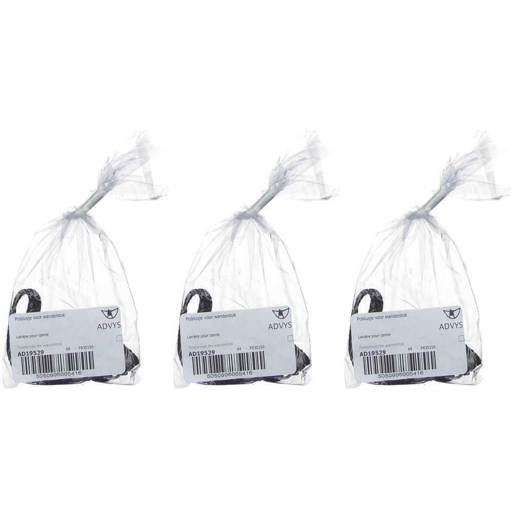 Trois lanières noires pour cannes, emballées individuellement dans des sacs en plastique avec étiquettes.