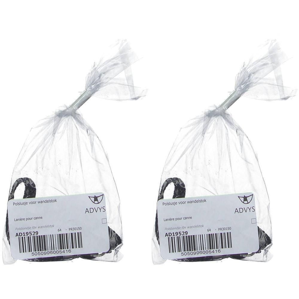 Deux lanières noires pour cannes, emballées individuellement dans des sacs en plastique.