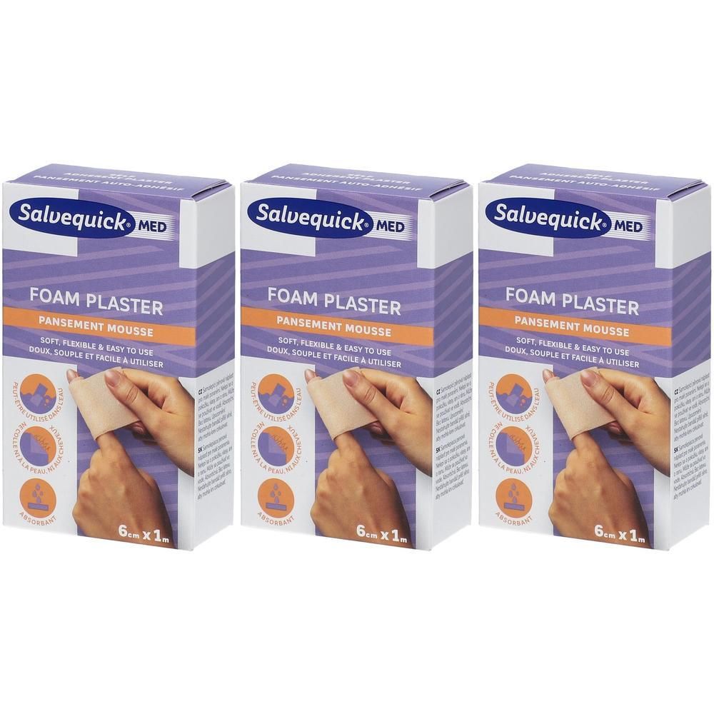 Trois paquets de pansements en mousse Salvequick Med. Chaque paquet contient 6 pansements, 1m de long.