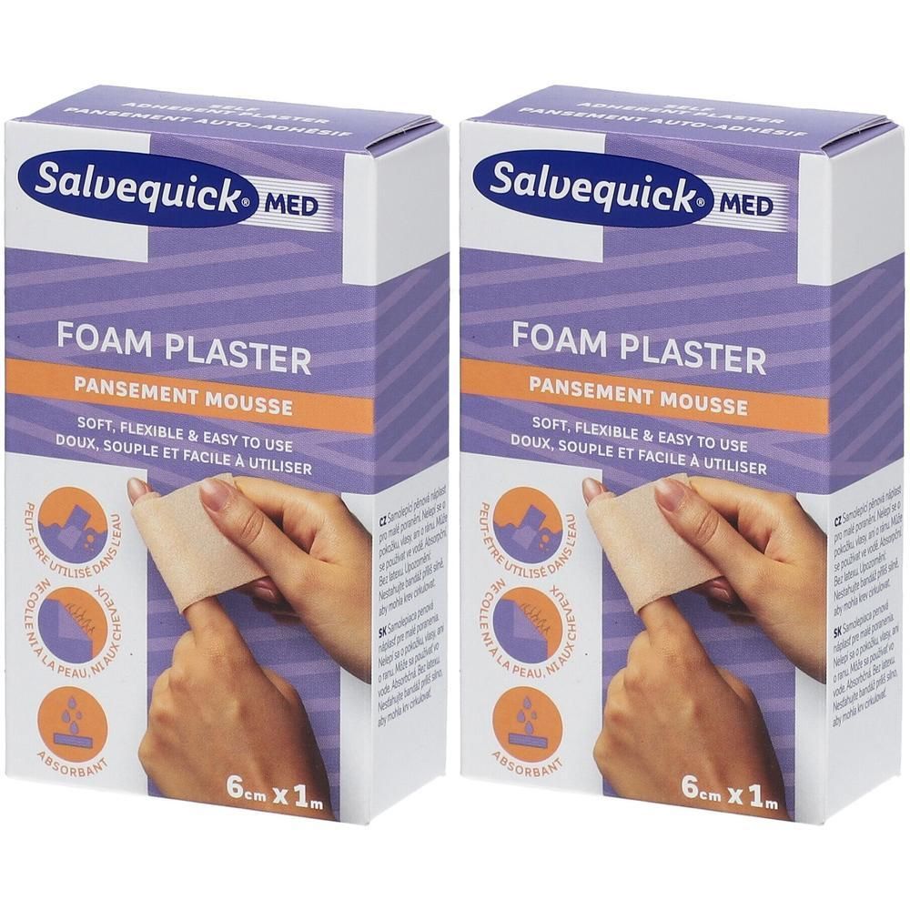 Deux boîtes de pansements en mousse Salvequick Med, 6x1m. Montre des mains appliquant un pansement.