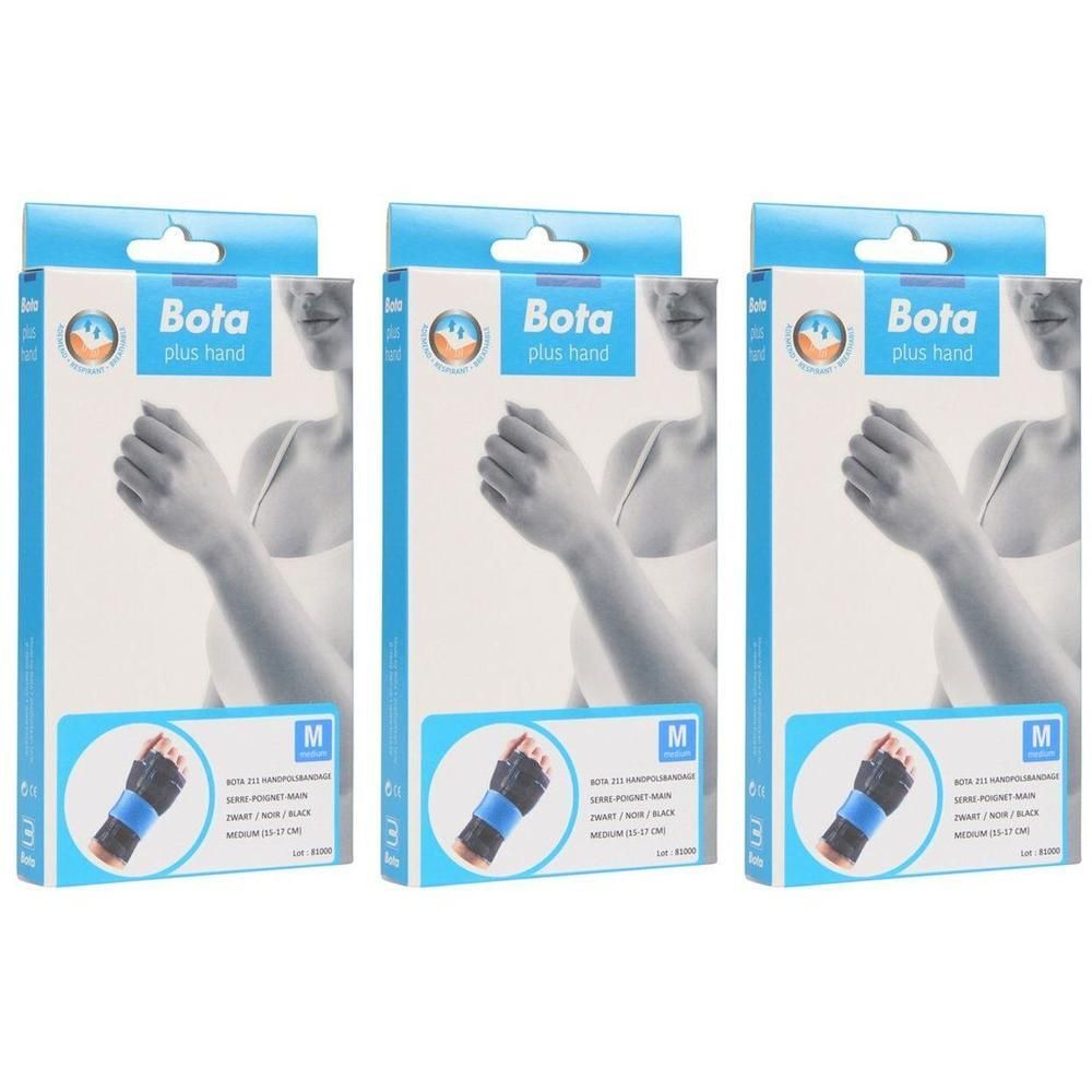 Bota Pols-handbrace, maat M, zwart. De verpakking toont een gestileerde hand en onderarm.