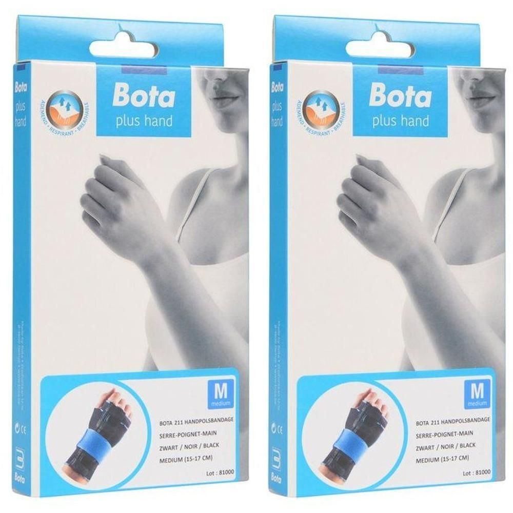 Attelle de poignet Bota, noire, taille M. Montre une main avec une attelle bleue.