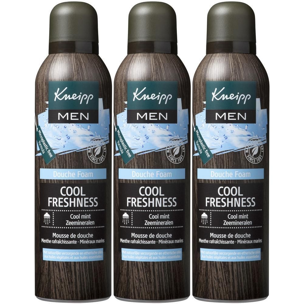 Drie flacons Kneipp Men Cool Freshness Douche Mousse met munt en zeemineralen.