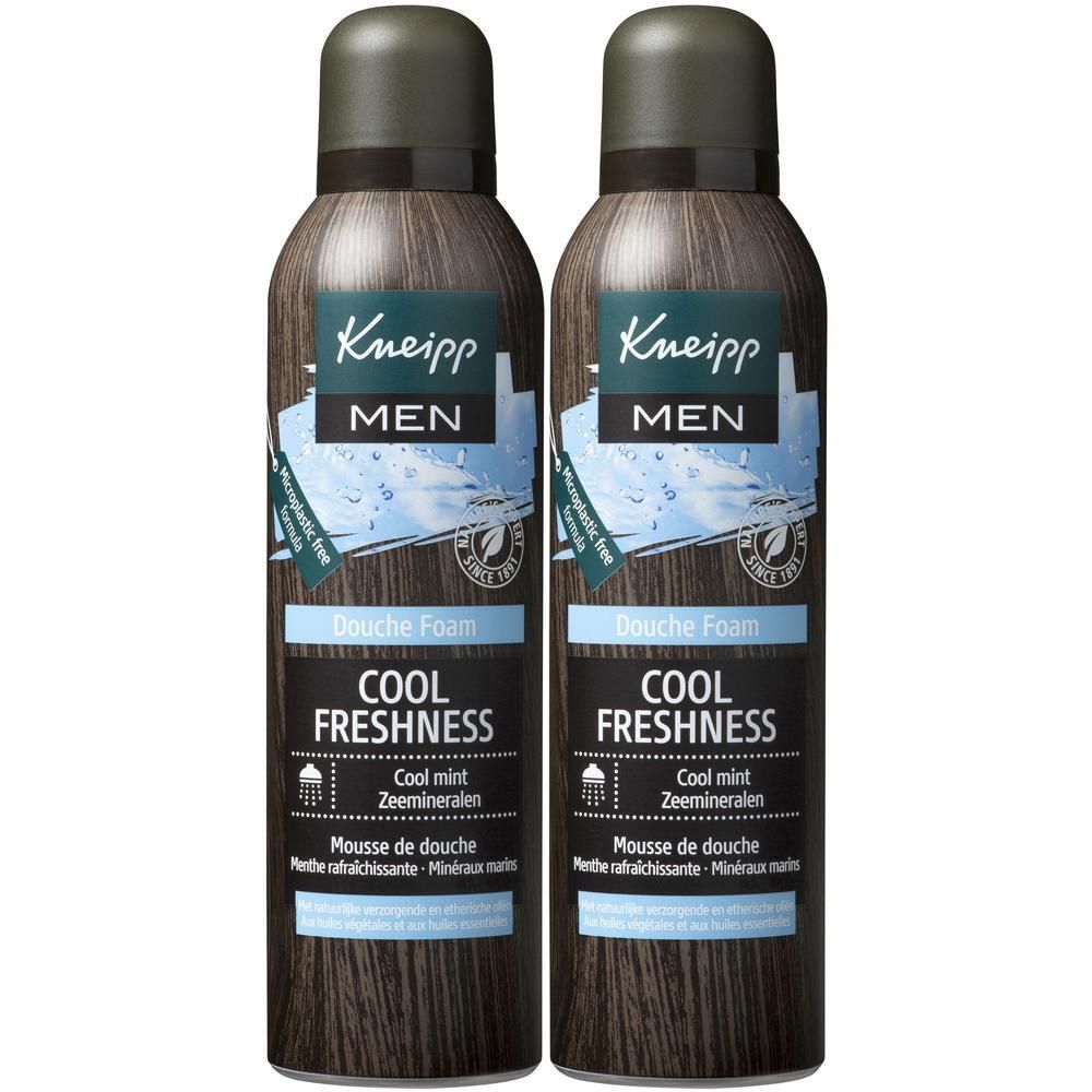 Twee flacons Kneipp Men Cool Freshness Douche Mousse met munt en zeemineralen.