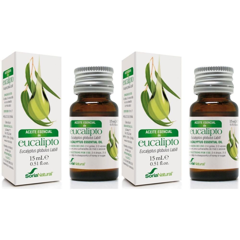 Trois flacons d'huile essentielle d'eucalyptus (15ml) avec boîtes, Soria Natural.