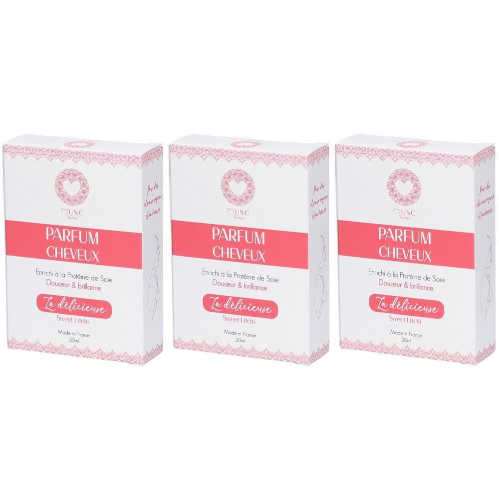 Drie doosjes Musc Intime Haarparfum 'La Délicieuse' met litchigeur.