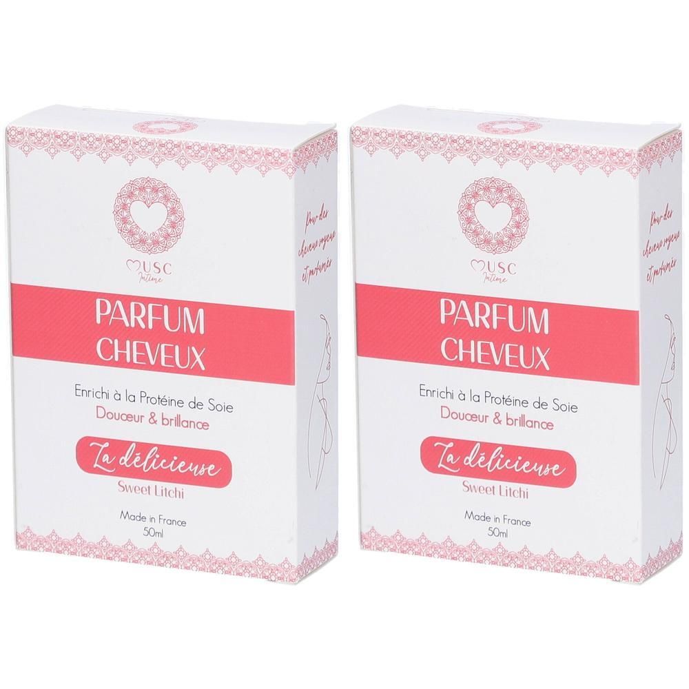 Deux boîtes de parfum pour cheveux Musc Intime "La délicieuse" Sweet Litchi, 50ml.