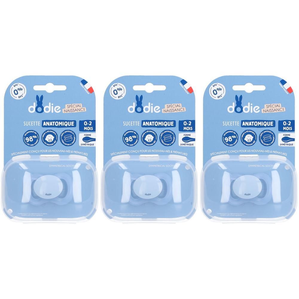 Trois sucettes anatomiques bleues Dodie pour bébés de 0-2 mois, emballées.