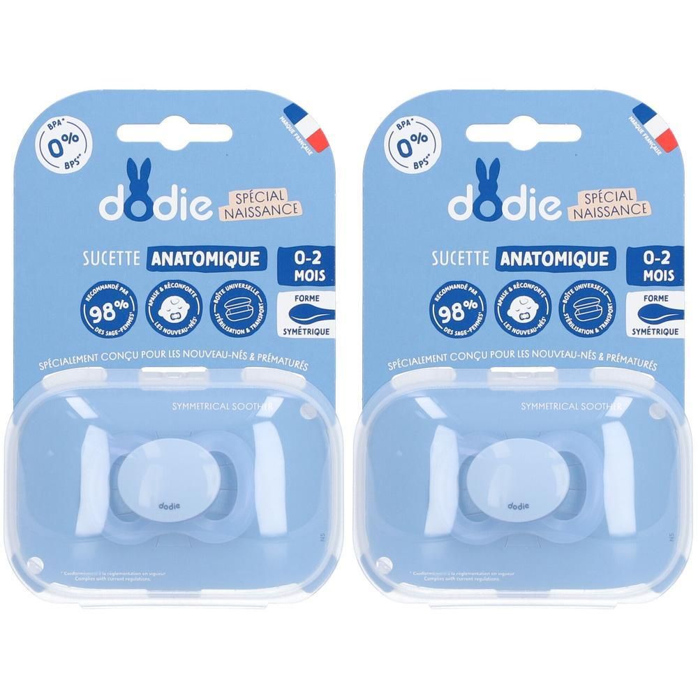 Deux sucettes anatomiques bleues Dodie pour nouveau-nés et prématurés (0-2 mois) sous emballage.