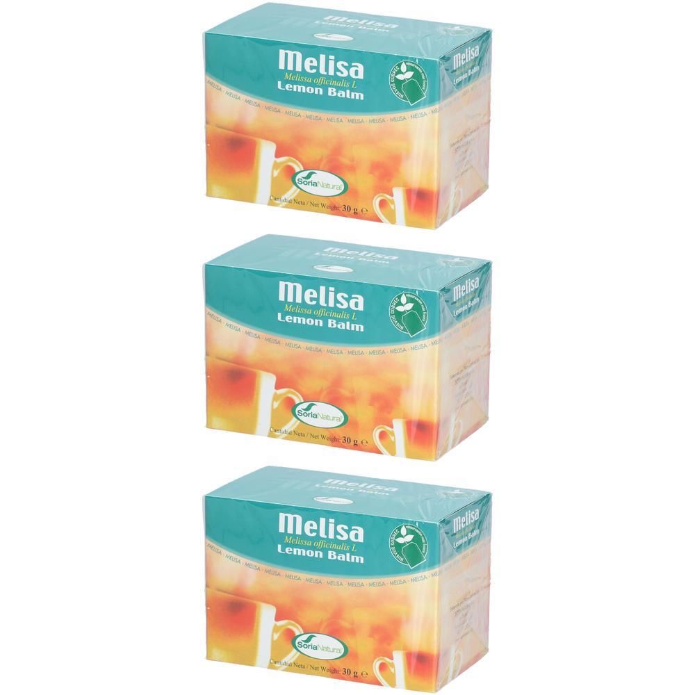 Drie pakken Soria Natural Citroenmelisse thee. Elke verpakking toont een kop thee.
