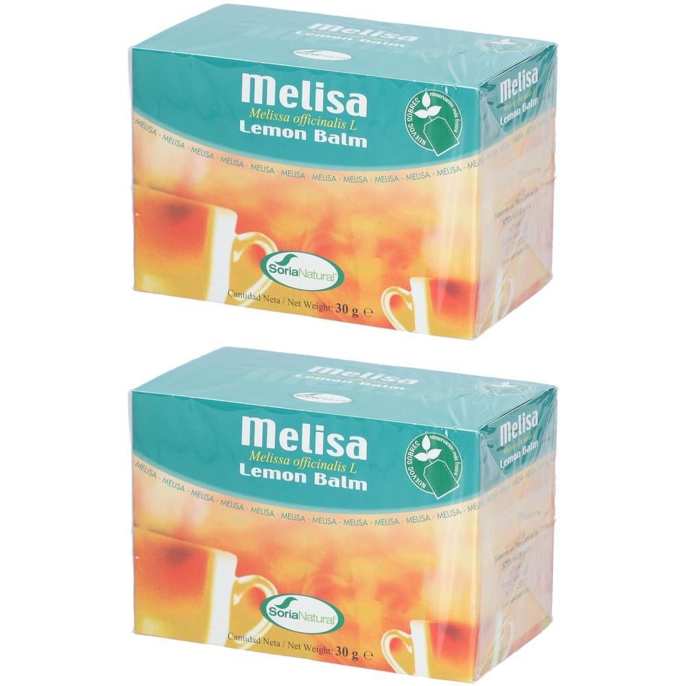 Twee pakken Soria Natural citroenmelisse thee, elk 30g.