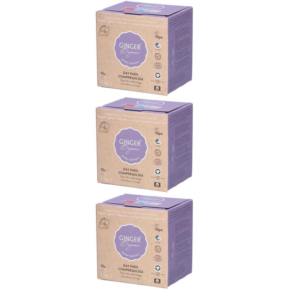 Drie dozen Ginger Organic dagverband, 10 stuks per doos.