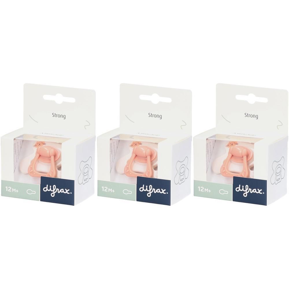 Drie Difrax fopspenen roze, 12m+, in doos.