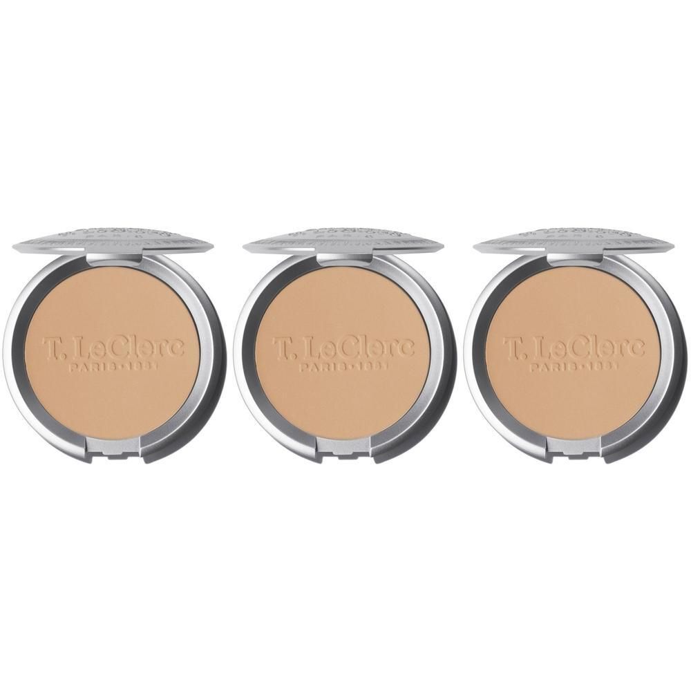 Drie T. LeClerc compacte poeders in Sahara-kleur, open getoond.