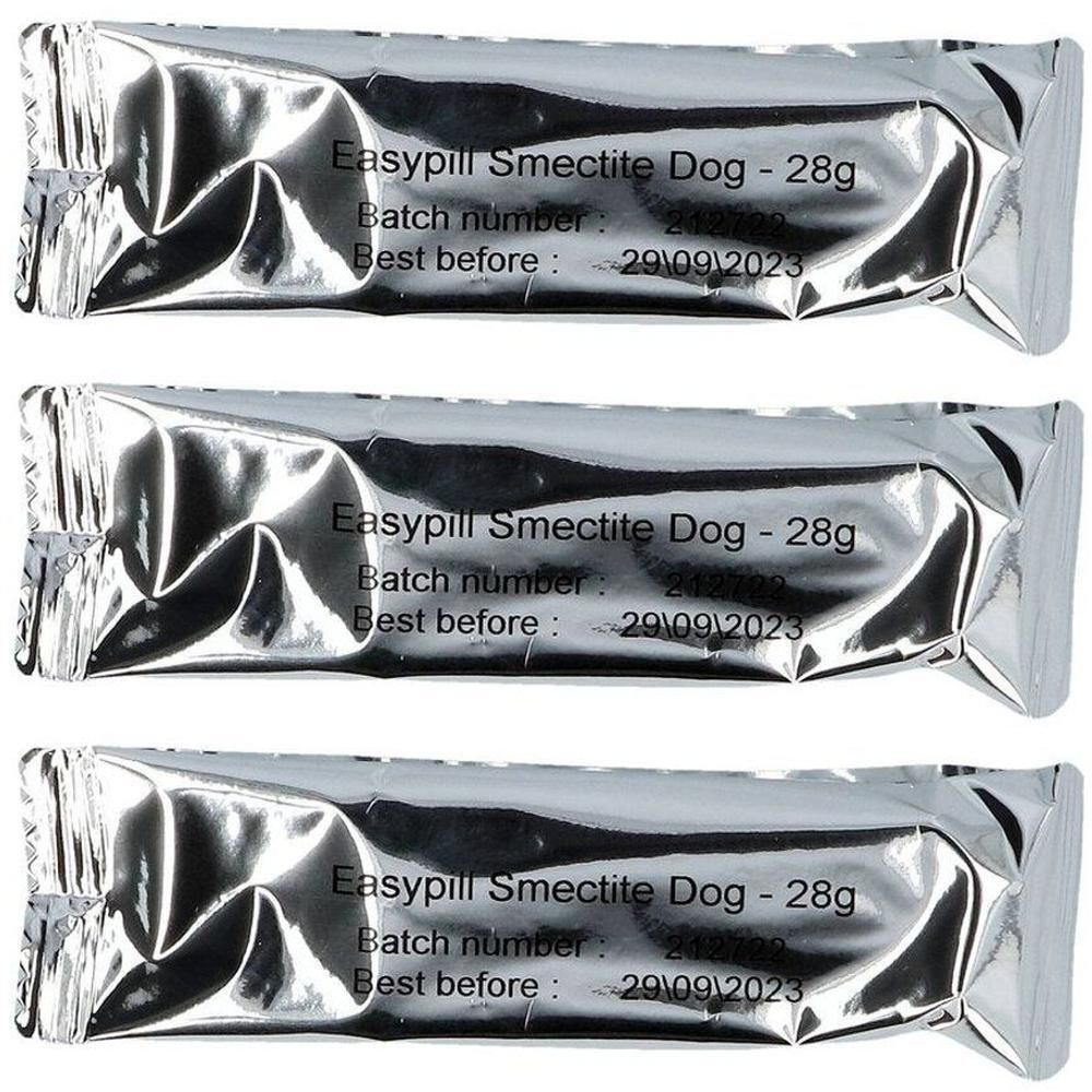 Trois sachets scellés de Easypill Smectite Chien, 28g chacun.