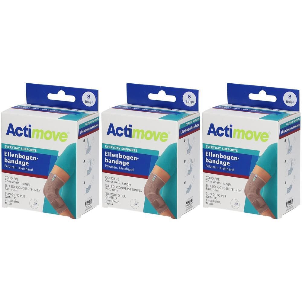 Drie Actimove elleboogbandages in beige, maat S, in verpakking.