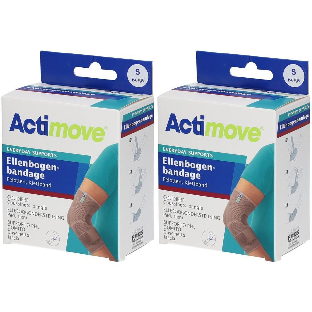 Deux coudières Actimove beige, taille S, sur leurs emballages.