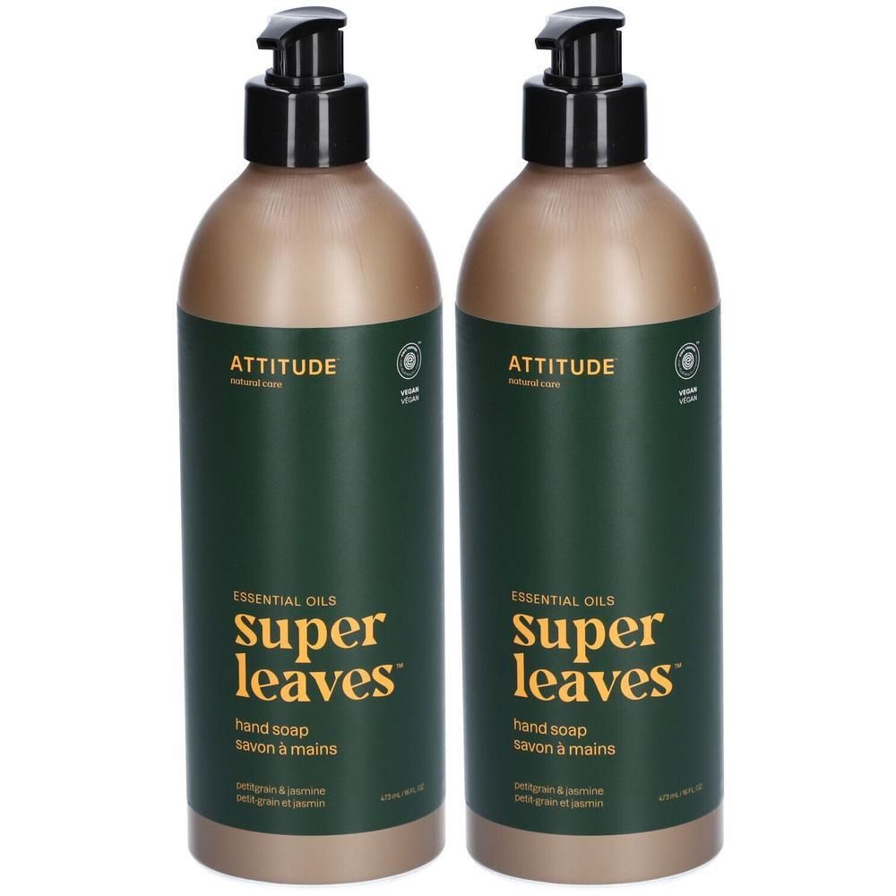 Deux bouteilles de savon pour les mains avec distributeurs à pompe. Étiquettes vert foncé avec inscription dorée.