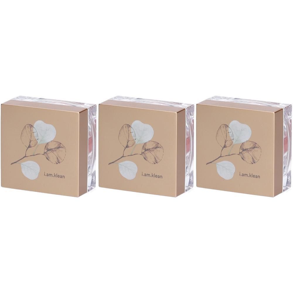 Trois boîtes de blush minéral i.am.klean avec motif de feuilles et couvercle doré.