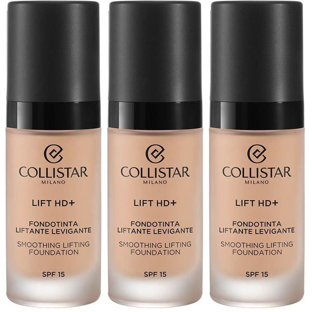 Trois flacons de fond de teint Collistar Lift HD+ avec bouchon noir et SPF 15.