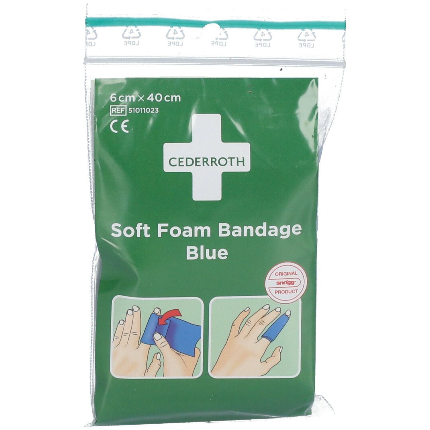 Cederroth Soft Foam Bandage, blauw, 6x40cm. CE-markering en productinformatie op verpakking.