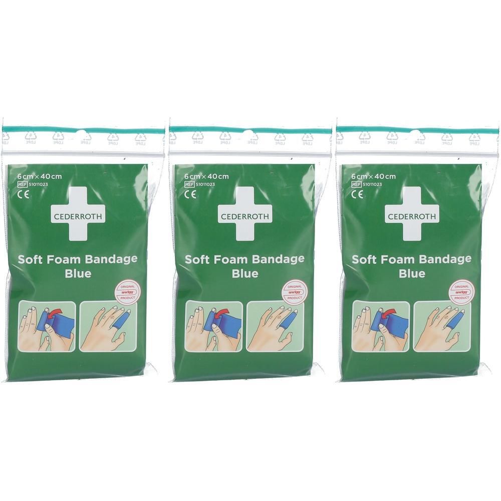 Drie pakken Cederroth Soft Foam Bandage Blauw, 6x40cm. CE-markering zichtbaar.