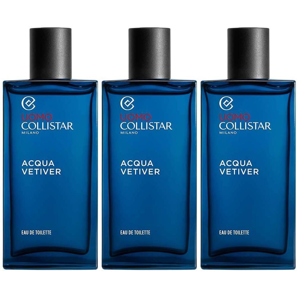Drie flacons Collistar Acqua Vetiver Eau de Toilette, blauwe glazen flacons met zwarte doppen.