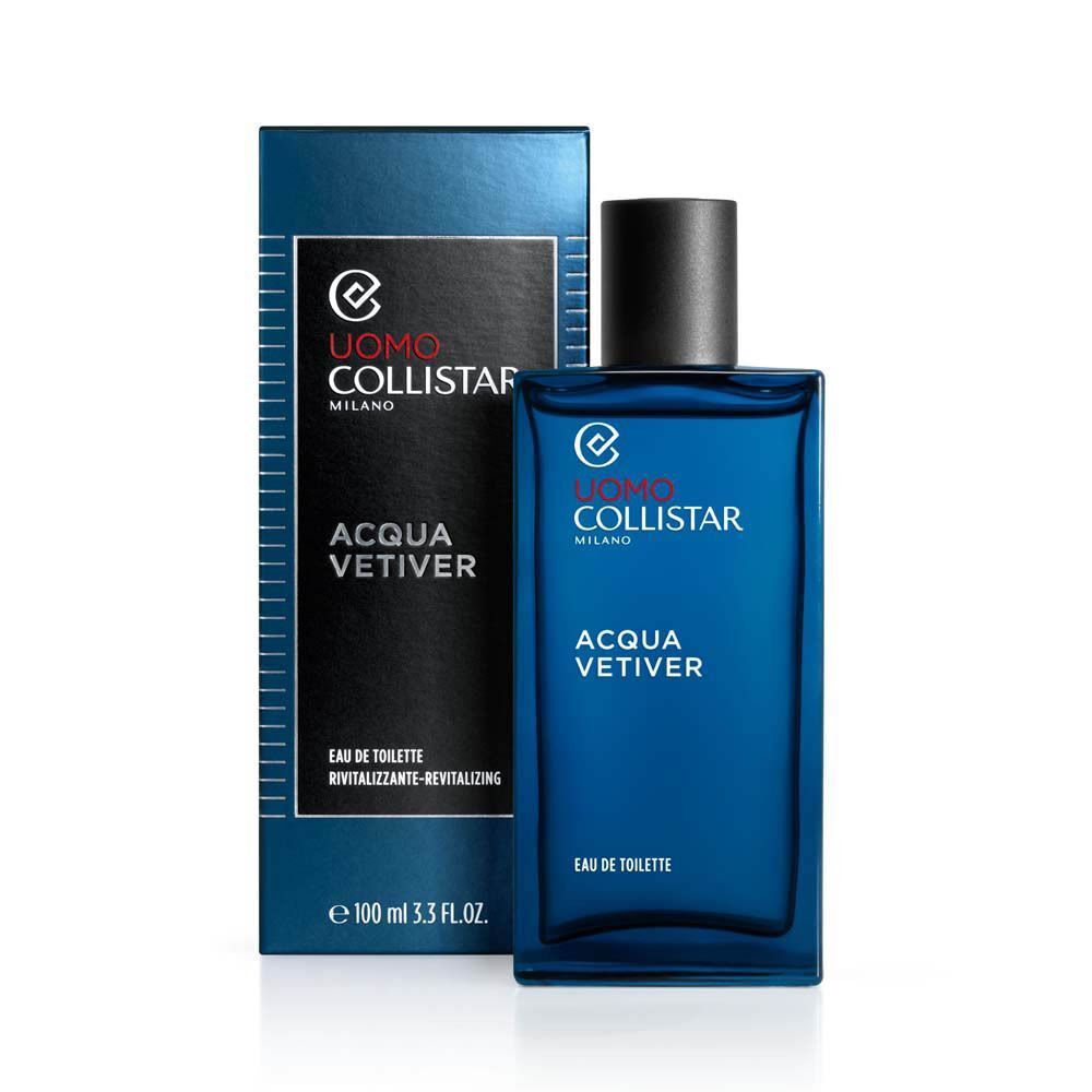 Flacon et emballage Collistar Acqua Vetiver Eau de Toilette 100ml, flacon en verre bleu avec bouchon noir.