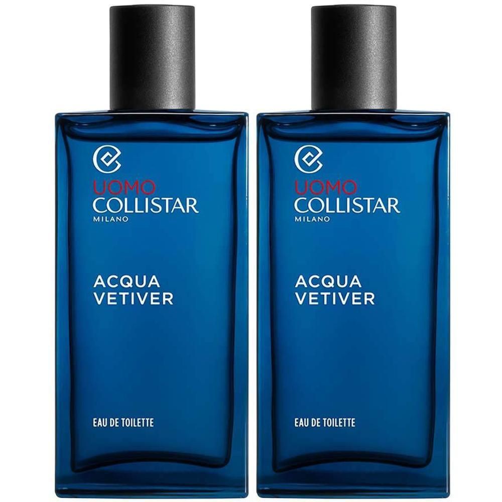 Twee flacons Collistar Acqua Vetiver Eau de Toilette, blauwe glazen flacons met zwarte doppen.