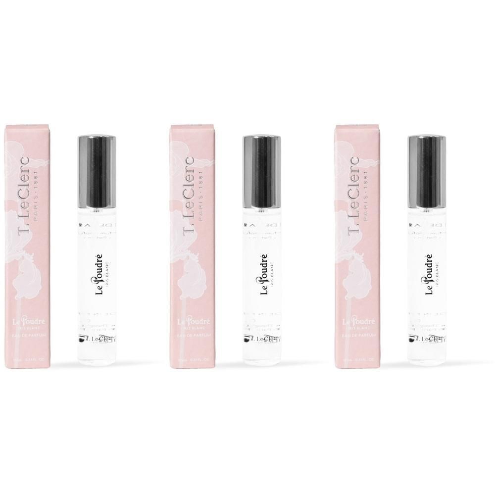 Trois flacons T. LeClerc Parfum Le Poudré Iris Blanc avec emballage rose.