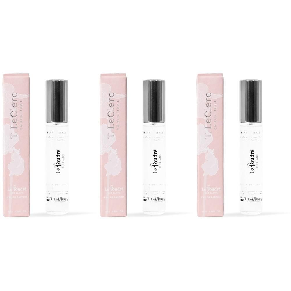 Drie T. LeClerc Parfum Le Poudré Iris Blanc flesjes met roze verpakking.