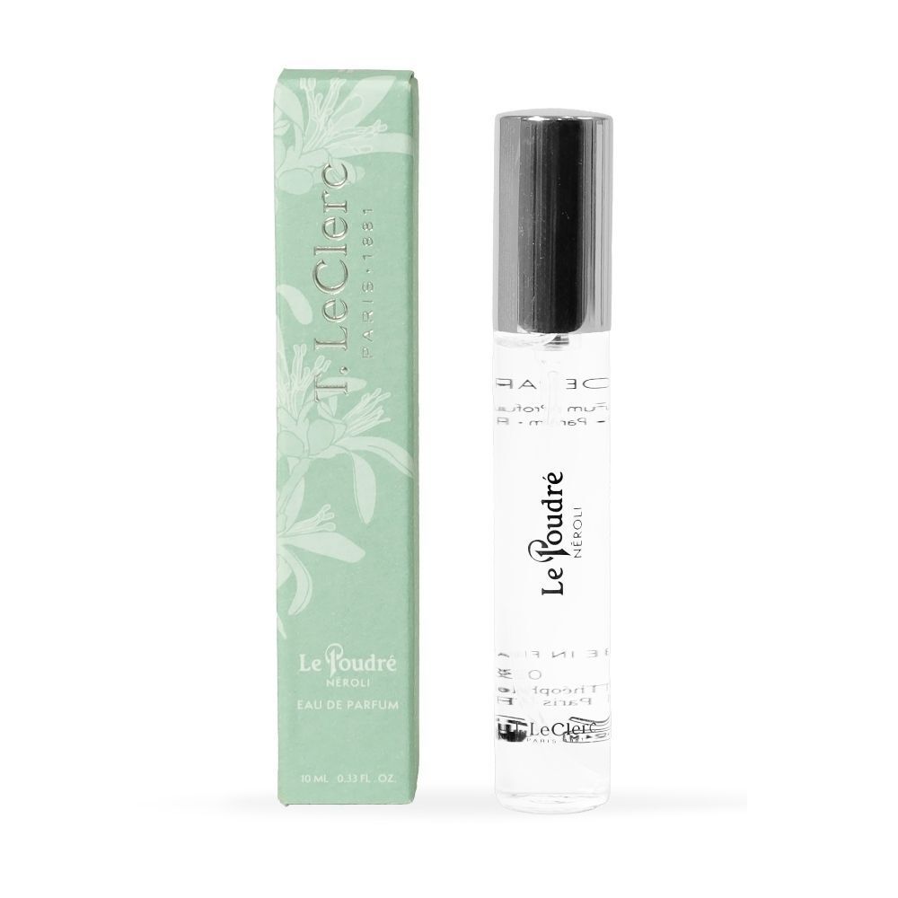 Un flacon T. LeClerc Parfum Le Poudré Iris Blanc à côté de son emballage rose.