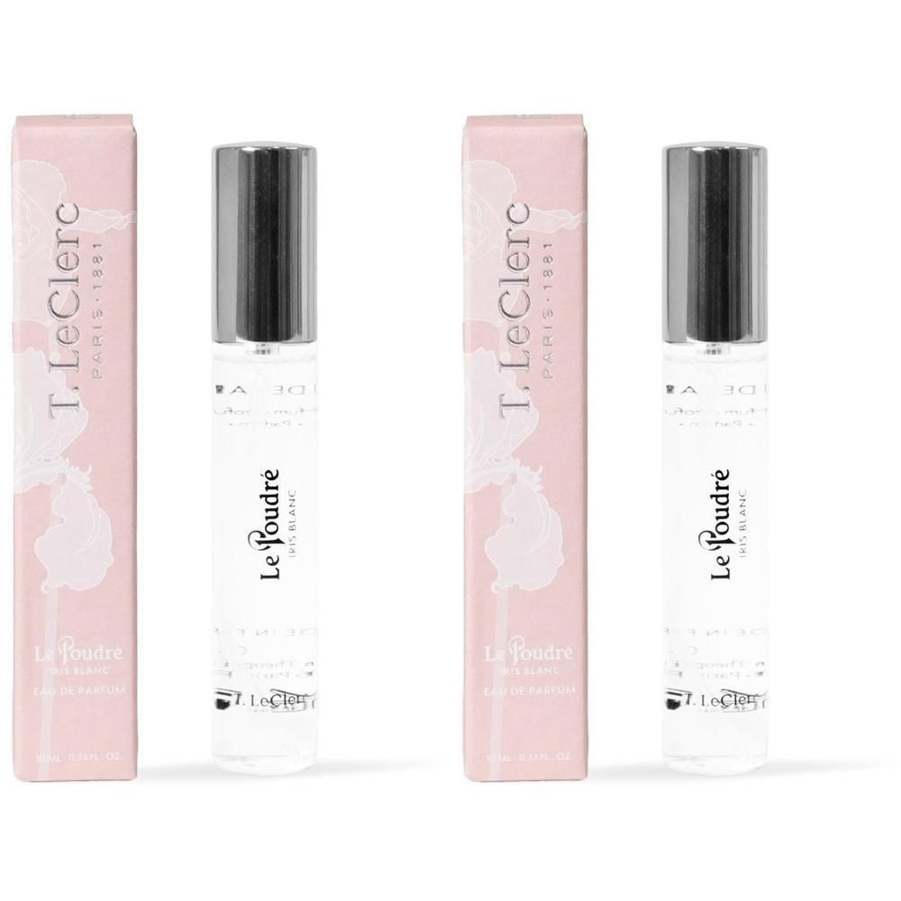 Deux flacons roll-on T. LeClerc Parfum Le Poudré Iris Blanc avec bouchons argentés et boîtes roses.