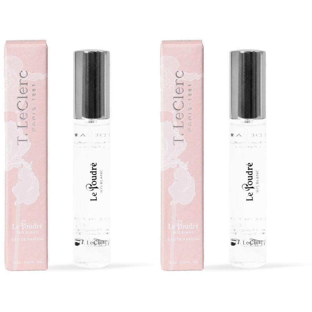 Twee T. LeClerc Parfum Le Poudré Iris Blanc roll-on flesjes met zilveren dopjes en roze doosjes.