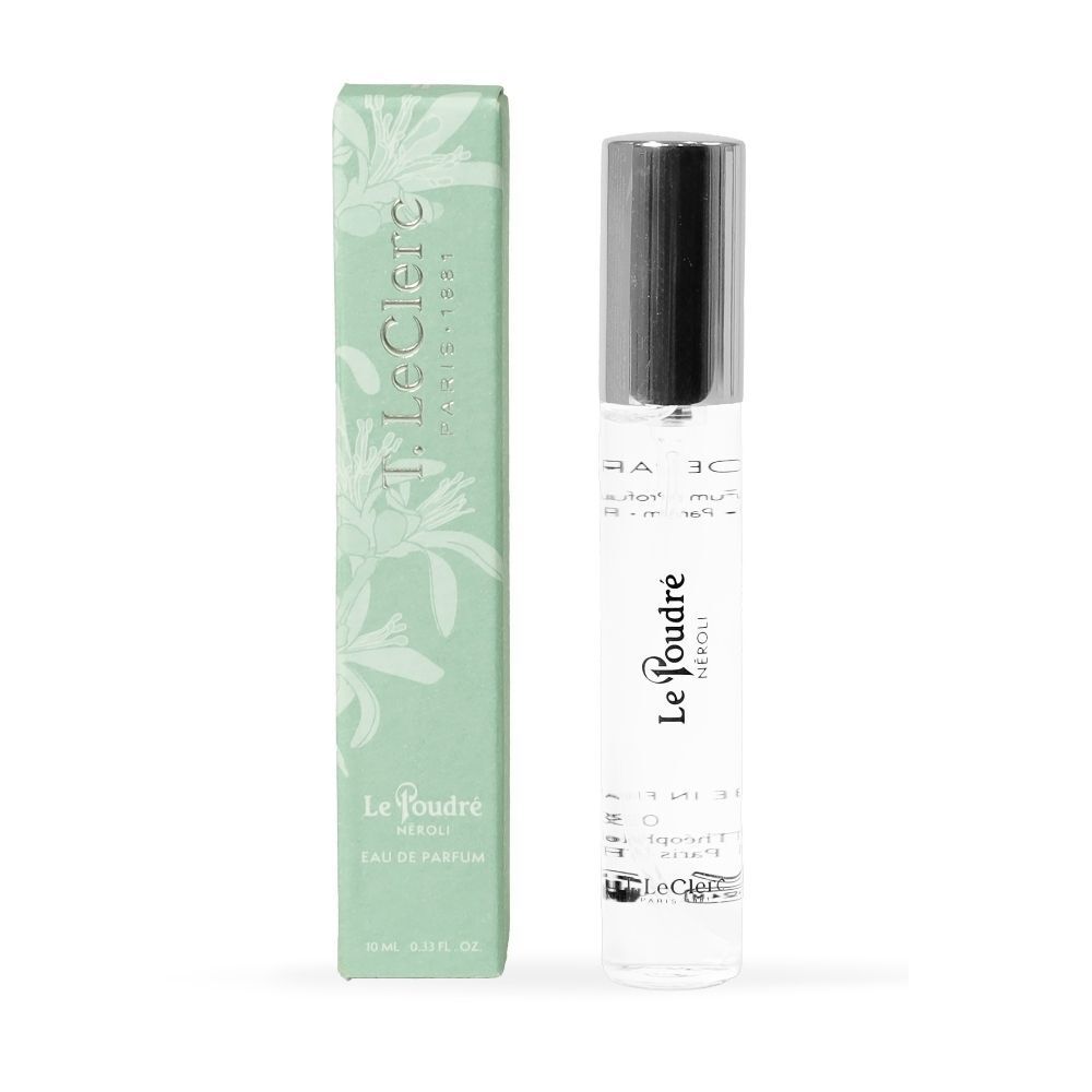 Een T. LeClerc Parfum Le Poudré Néroli roll-on flesje naast het groene doosje.
