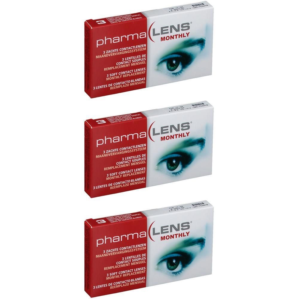 Drie pakken PharmaLens maandlenzen, dioptrie +7.50. Rode en witte verpakking met oogafbeelding.