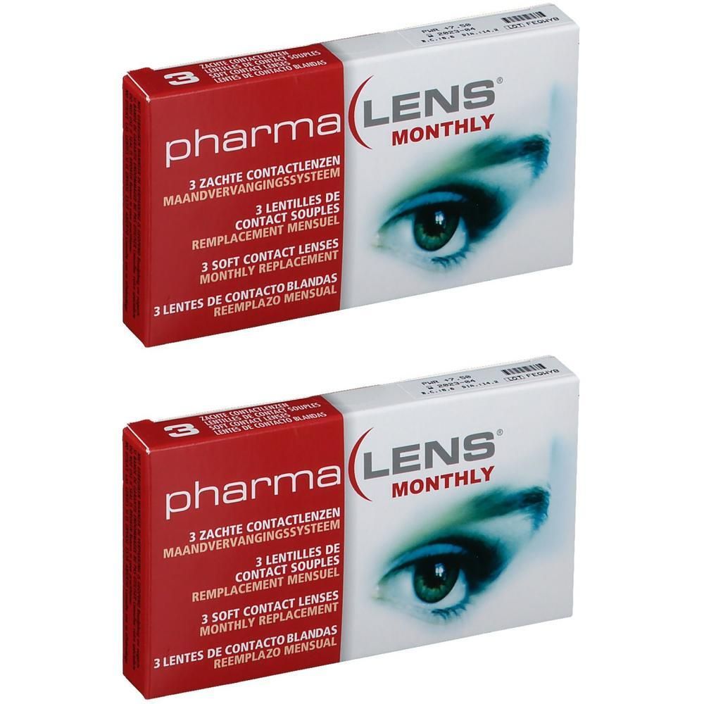 Deux boîtes de lentilles mensuelles PharmaLens. Chaque boîte contient 3 lentilles de contact souples.