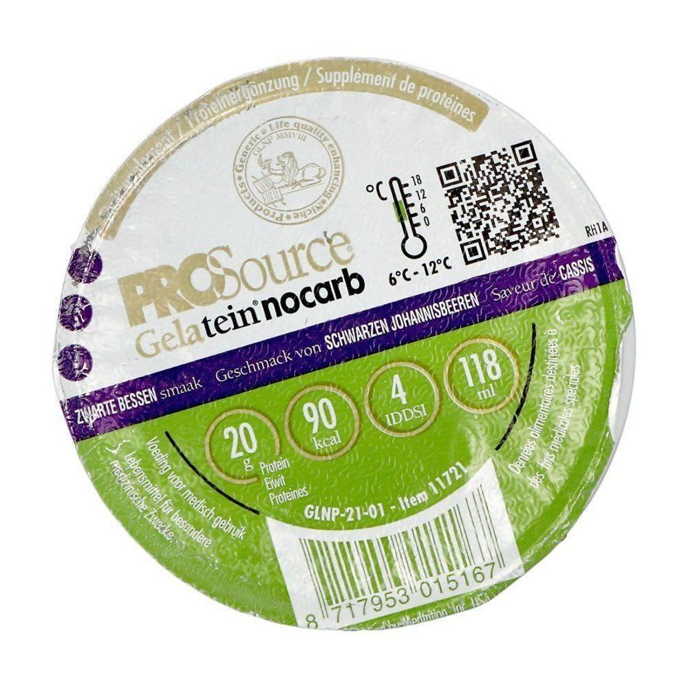 Couvercle d'un emballage rond de gobelet avec inscription "PROsource Gelatein nocarb", saveur cassis.