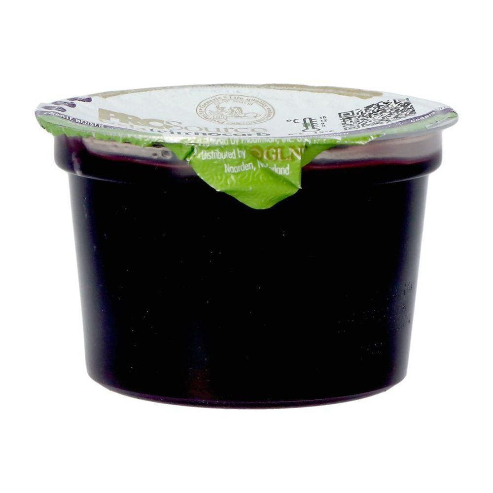 Emballage rond de gobelet avec contenu sombre, inscription "PROsource Gelatein nocarb" sur le couvercle.