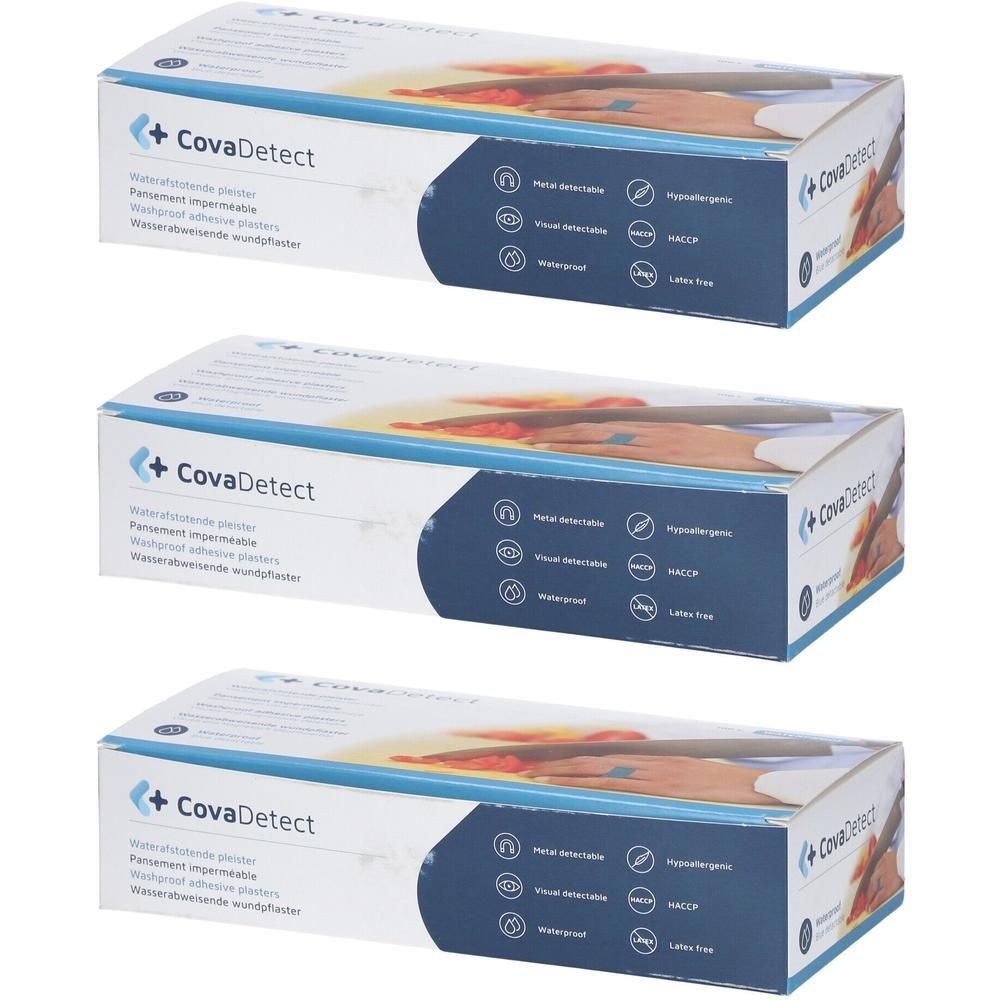 Trois boîtes de pansements CovaDetect. Imperméables, sans latex, hypoallergéniques.