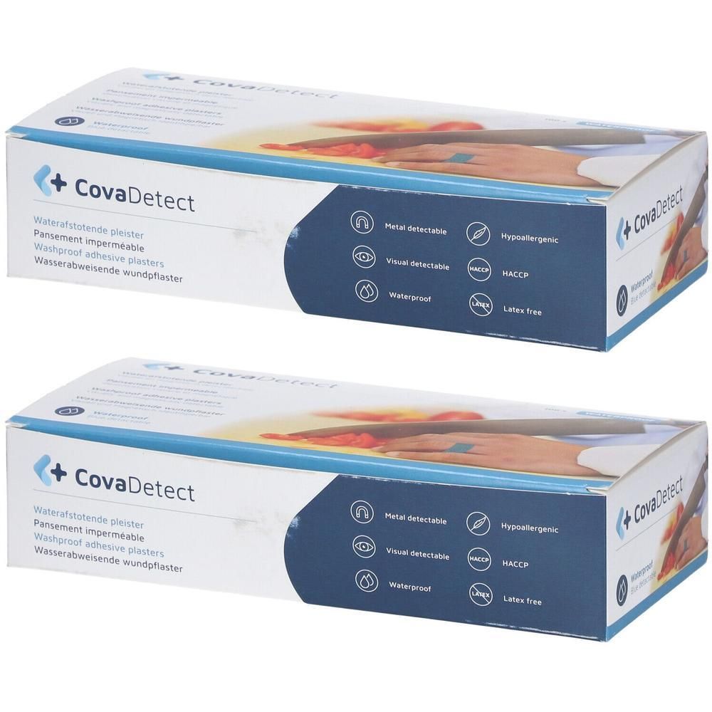 Deux paquets de pansements CovaDetect. Imperméables, détectables par métal, détectables visuellement, hypoallergéniques, sans latex.