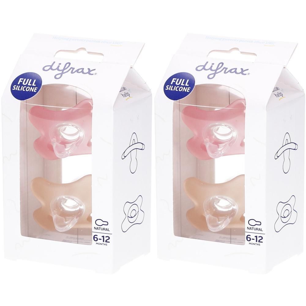 Twee Difrax siliconen fopspeentjes, 6-12 maanden, roze en beige.
