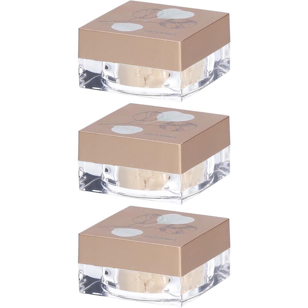 Drie kleine potjes los mineraal oogschaduw in goudkleur. Transparante acryl basis met goudkleurig deksel.