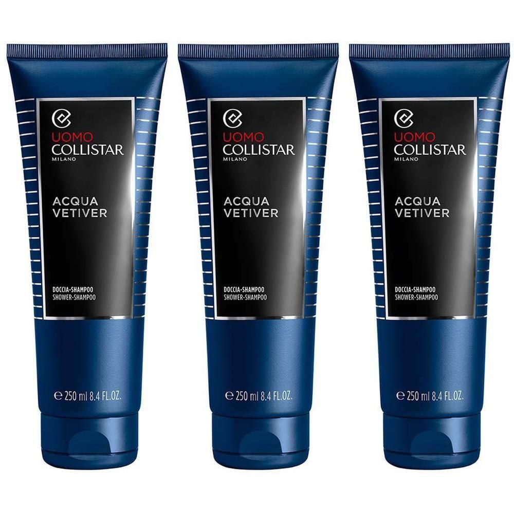 Trois tubes bleus Collistar Uomo Acqua Vetiver Douche-Shampooing, 250 ml chacun.