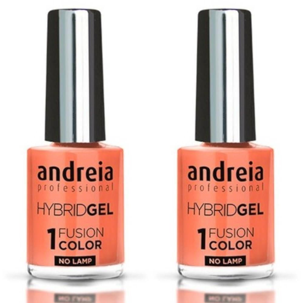 Twee flessen Andreia Hybridgel nagellak in koraal. "1 FUSION COLOR NO LAMP" is zichtbaar.