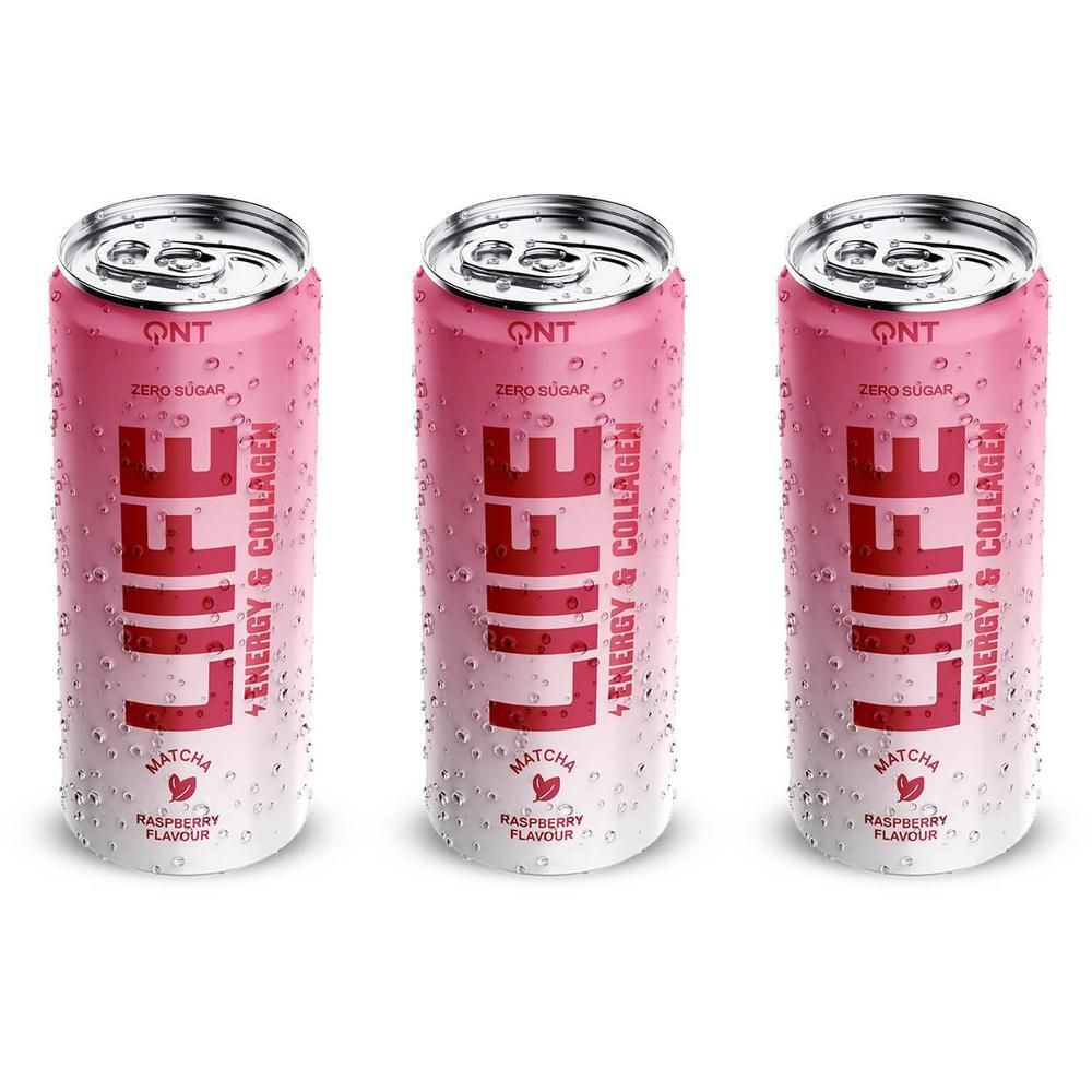Trois canettes LIFE Matcha saveur framboise, sans sucre, avec énergie et collagène.