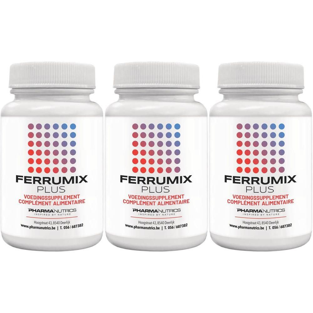 Drie witte potjes met voedingssupplement Ferrumix Plus. Vierkant patroon van rode en blauwe stippen op het etiket.