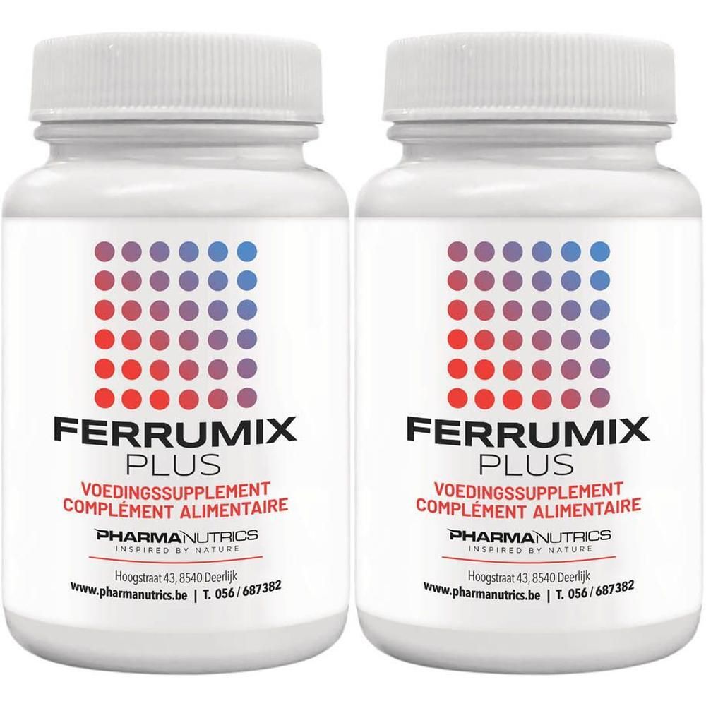 Twee witte potjes met PharmaNutrics Ferrumix Plus voedingssupplementen. Elk potje heeft een etiket met een puntpatroon en productinformatie.